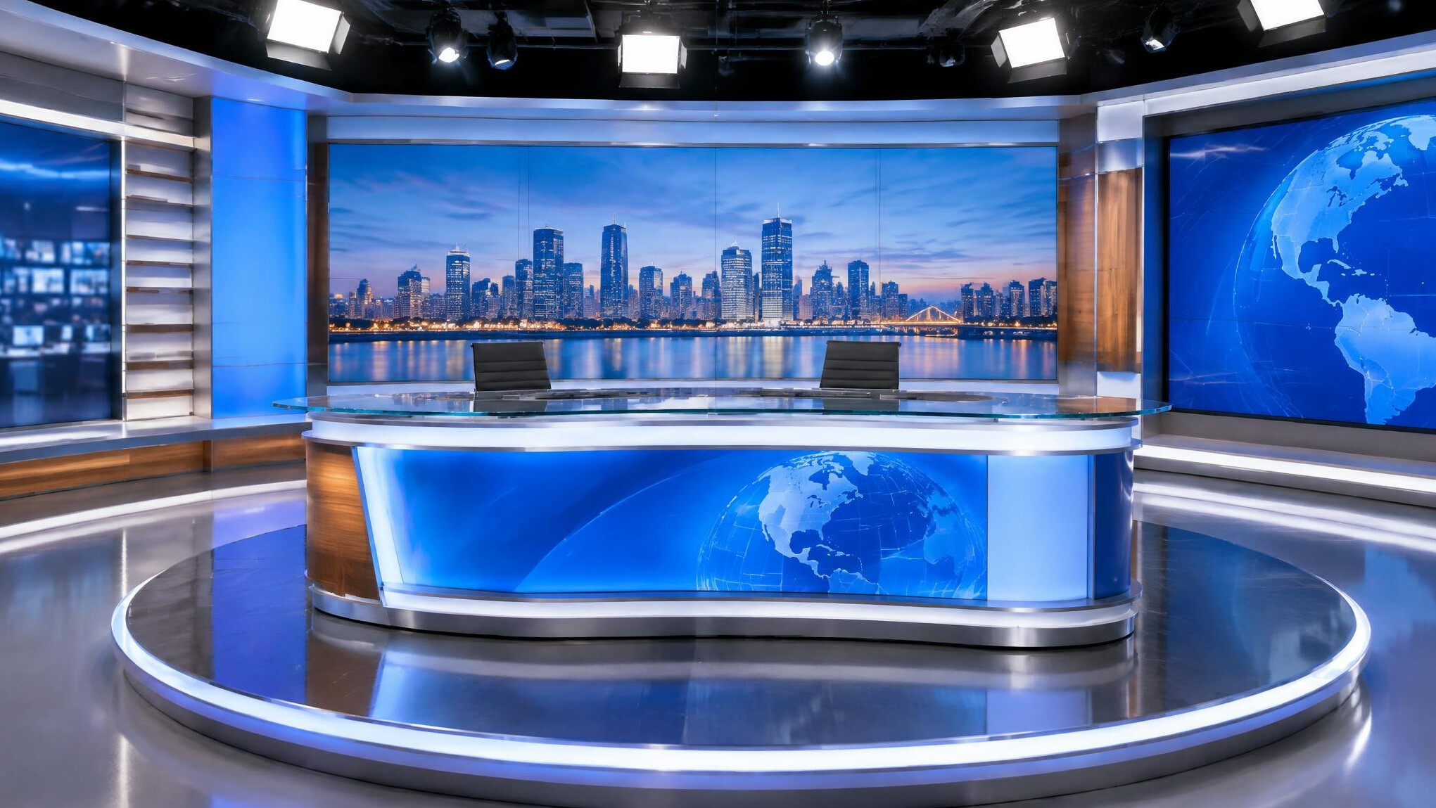 Television studio set with presenters desk and lights